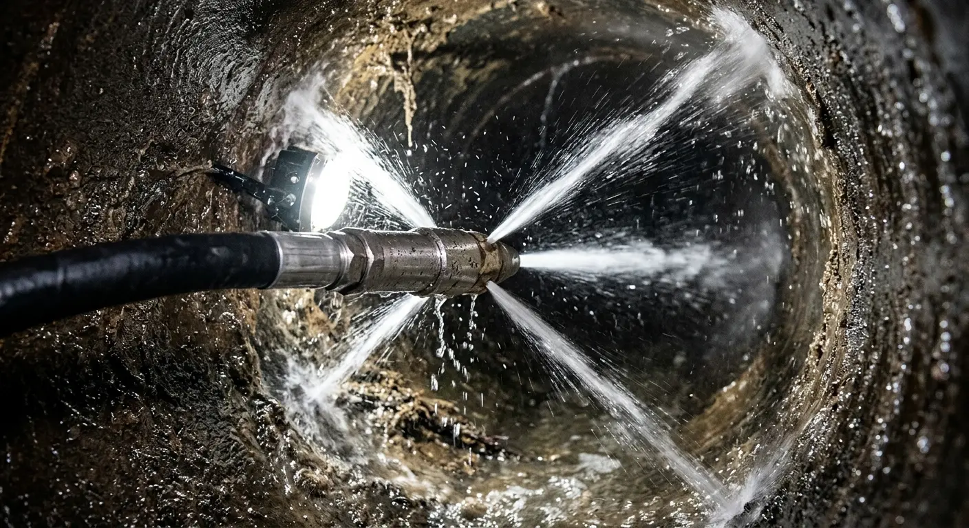 High-pressure hydro jetting nozzle cleaning sewer pipe for Sewer Cleanout in Reading